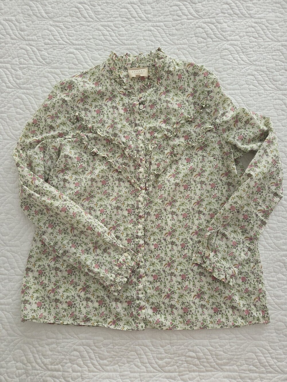 Sezane Floral Ruffle Button-Up Shirt Jacket - White with Pink & Green